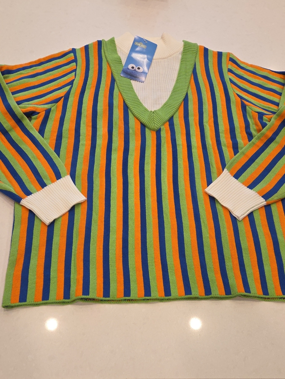 Sesame Street Striped Crewneck Sweater in Green, Blue, Orange